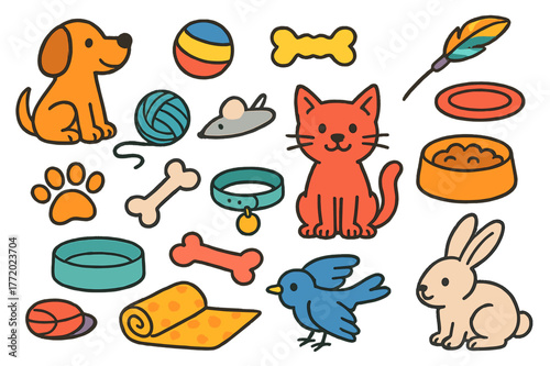 Colorful Animal Toys. animal toys. Colorful Hand-drawn doodle Children illustration animal toys dog, cat, ball, chew toy, yarn, mouse toy, frisbee, bone,