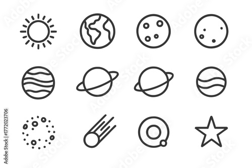 Solar System Icons. Solar system. Line icon set of solar system: sun, earth, moon, mars, jupiter, saturn, uranus, neptune, asteroid belt, comet, orbit path,