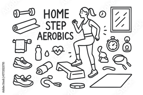 Home Aerobics Essentials. Home Step Aerobics. Hand-drawn doodle illustration Home Step Aerobics aerobic step, person exercising, dumbbells, yoga mat, water