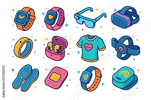 Wearable Tech Icons. Wearable technology. Colorful isometric vector icons set of wearable technology: smartwatch, fitness tracker, AR glasses, VR headset,