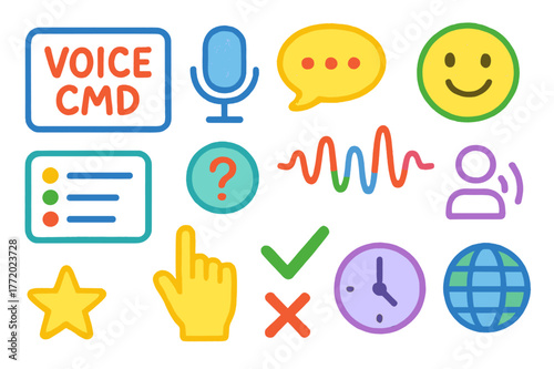 Voice Command Icons. Voice command prompts. Colorful Hand-drawn doodle Children illustration Voice command prompts wake word card, mic button, voice bubble,