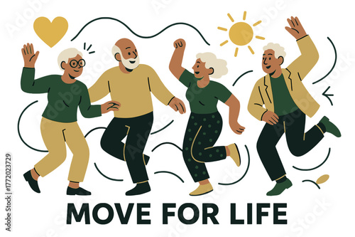 Elders Dancing Joyfully. Exercise ? Longevity & Joy. Elderly figures dancing with floating heart and sun icons; tagline ?move for life?. Curved rhythm lines