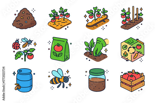Organic Farming Icons. Organic tomato farming. Colorful isometric vector icons set of Organic tomato farming: compost heap, mulch layer, drip irrigation hose,