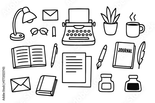 Writer's Desk Essentials. Writer?s desk. Hand-drawn doodle illustration typewriter, notebook, pen, glasses, book, lamp, coffee mug, paper, plant, letter,