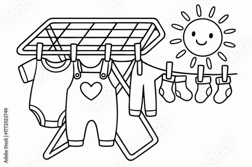 Baby Clothes Drying. Drying rack for baby clothes children?s coloring book illustration, outlined drawing, baby outfits and socks clipped to a small drying
