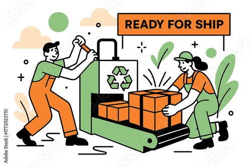 Recycling Factory Process. Recycling system in factory ? Baling & strapping. Compressed cubes slide out with crisp edges; strap lines snap tight. A banner says