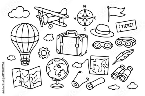 Vintage Air Travel. Vintage air travel. Hand-drawn doodle illustration Vintage air travel hot air balloon, propeller plane, compass, suitcase, globe, goggles,
