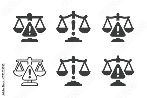 Liability Risk Logos. Legal liability risk. Set Logo of Legal liability risk: scales tipping with exclamation. harmonious logo variations of the same