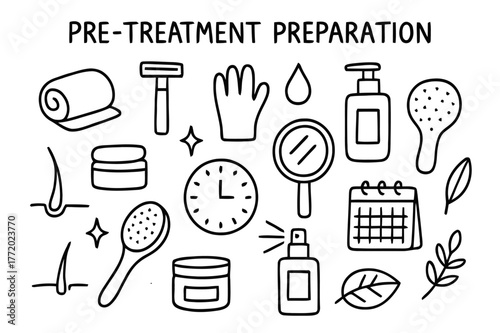 Pre-Treatment Essentials. Pre-treatment preparation. Hand-drawn doodle illustration Pre-treatment preparation towel, razor, glove, droplet, lotion bottle,
