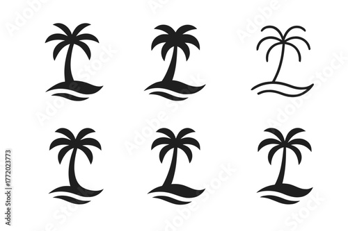 Palm Beach Logo Variations. Palm beach. Set Logo of Palm beach: shoreline wave beneath palm. harmonious logo variations of the same emblematic concept, each