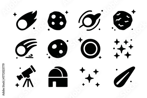 Cosmic Icons Grid. Comets and cosmic ice. Solid icons set of Comets and cosmic ice: comet with tail, icy core, orbit line, frozen surface, solar wind, nucleus,
