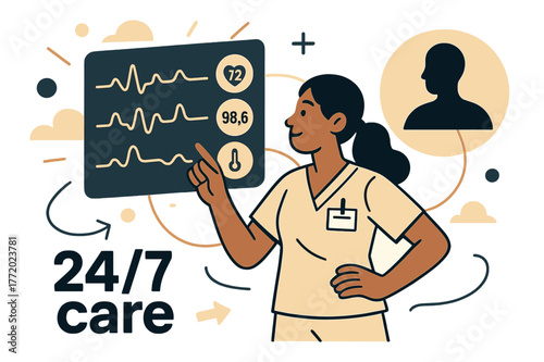 Remote Healthcare Monitoring. Healthcare Tech ? Remote Monitoring. A nurse watches a floating dashboard with live vitals; thin pulse lines connect to a patient