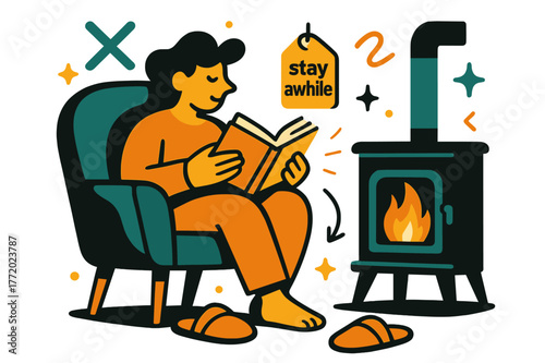 Hearthside Serenity. Keeper of the Hearth ? Quiet Read by the Stove. A chair, a book, and slippers rest in perfect calm; page edges glow with firelight. Tag