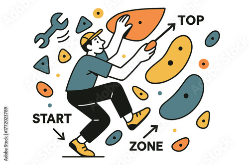 Route Setting Artistry. Route Setter at Work. A wrench spins as a setter places a bright sloper; arrows label ?Start / Zone / Top.? Holds float in a playful