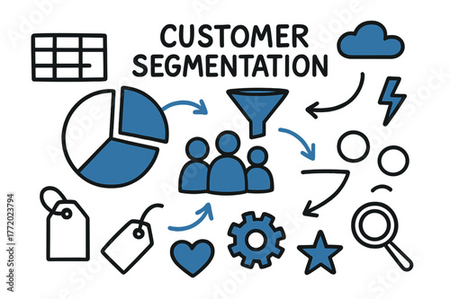 Customer Segmentation Doodle. // Customer segmentation. Hand-drawn doodle illustration Customer segmentation [pie chart (accented), group of users (accented),