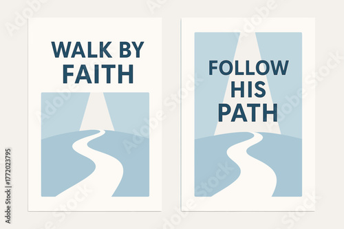 Faith Journey Banners. Faith Journey. Two vertical A6 banners with safe margins, centered composition, no elements touching edges, minimal, white and sky blue,