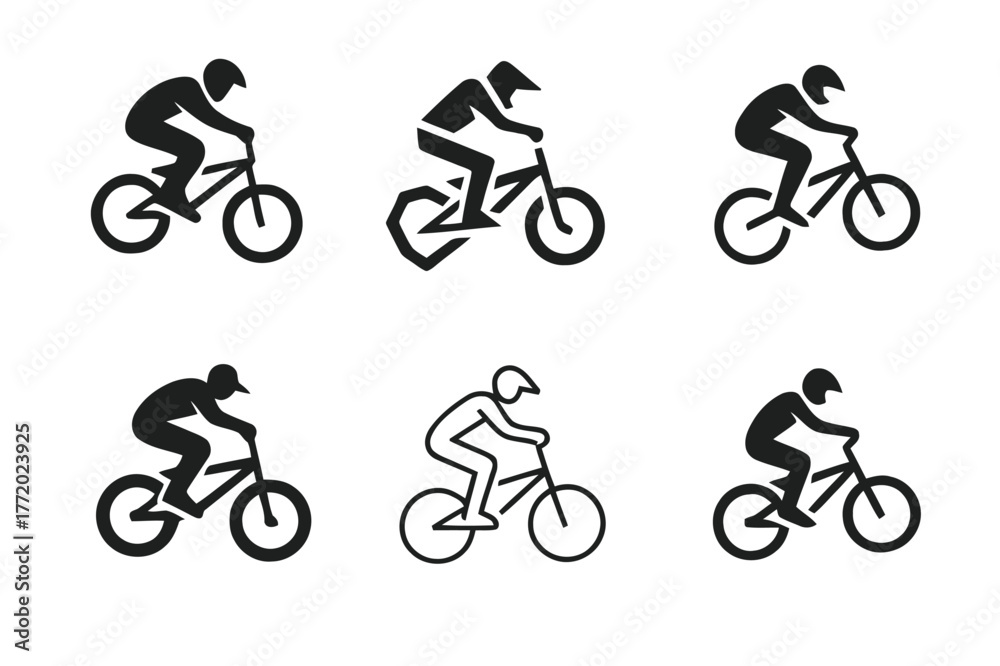 Naklejka premium BMX Logo Variations. BMX riding. Set Logo of BMX riding: biker performing jump trick. harmonious logo variations of the same emblematic concept, each with
