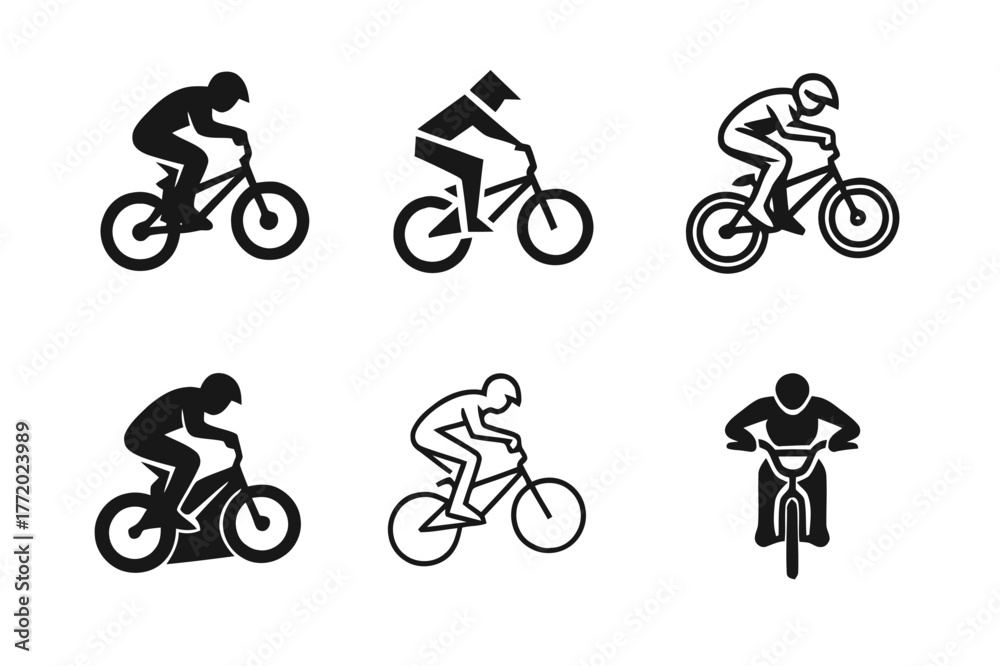 Obraz premium Dynamic BMX Logo Designs. BMX riding. Set Logo of BMX riding: biker performing jump trick. harmonious logo variations of the same emblematic concept, each with