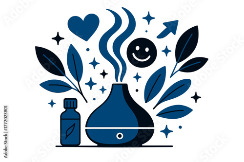 Aromatic Wellness Essence. Aromatherapy oils. Diffuser releasing aromatic steam with abstract floating icons, leaves, and sparkles; conveys calm, relaxation,