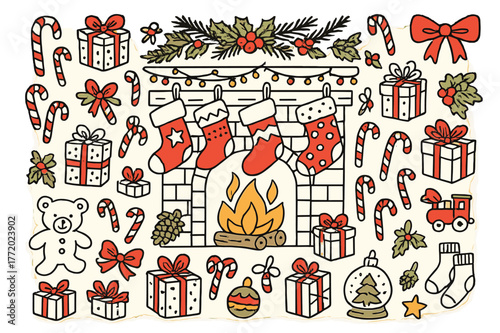 Festive Fireplace Scene. Children?s stockings. Hand-drawn doodle illustration Christmas stockings (colored), fireplace (colored), mantel (colored), candy canes