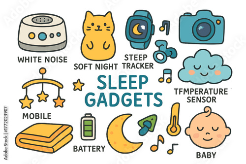 Colorful Sleep Gadgets. Sleep gadgets. Colorful Hand-drawn doodle Children illustration Sleep gadgets white noise machine, soft night light, sleep tracker,