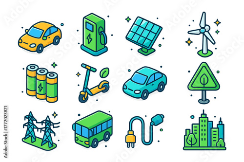 Green Tech Icon Set. Green technology adoption. Colorful isometric vector icons set of green technology adoption: electric car, charging station, solar panel,