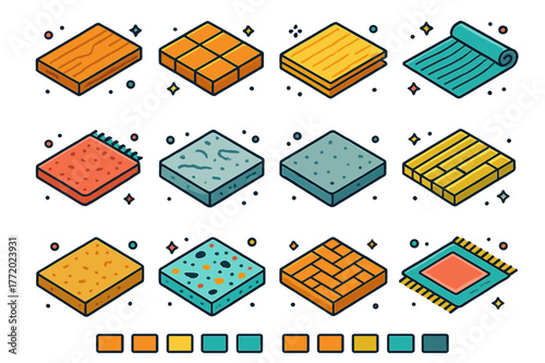 Colorful Flooring Icons. Floor types. Colorful isometric vector icons set of Floor types: hardwood plank, tile square, laminate board, vinyl sheet, carpet