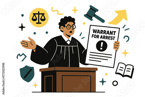 Arrest Warrant Issued. Warrant for arrest. Courtroom scene with judge presenting an arrest warrant and abstract floating icons; emphasizes law, authority, and