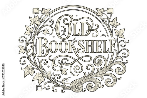 Ornate Bookshelf Design. Old Bookshelf ? Flourish Lettering; classic ornamental serif with medium swashes and gentle curls; circular crest composition within a