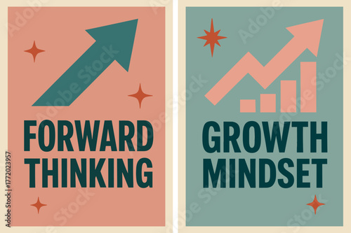 Retro Growth Banners. Forward thinking. Two vertical A6 banners with safe margins, centered composition, no elements touching edges, retro, pink and teal,