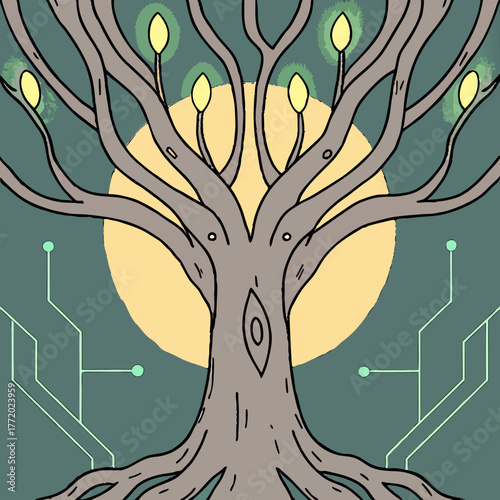 Abstract tree with glowing leaves and digital circuit background  