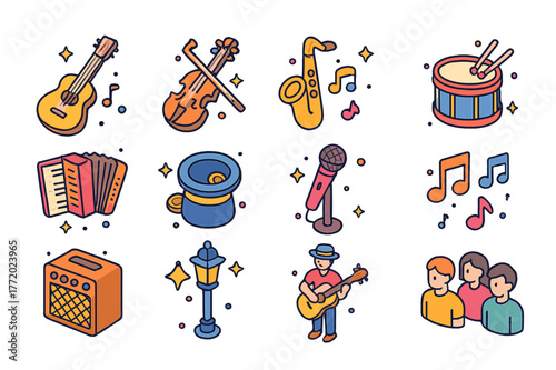 Street Performer Icons. Street performer. Colorful isometric vector icons set of street performer: guitar, violin, saxophone, drum, accordion, hat for tips,