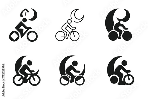 Night Cycling Logos. Night cycling. Set Logo of Night cycling: cyclist under crescent moon. harmonious logo variations of the same emblematic concept, each