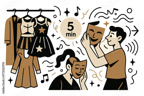 Backstage Theater Serenity. Amphitheater ? Backstage Calm. Costumes hang in tidy rows; a stagehand adjusts a mask while a tiny ? min? callout glows. Soft sound