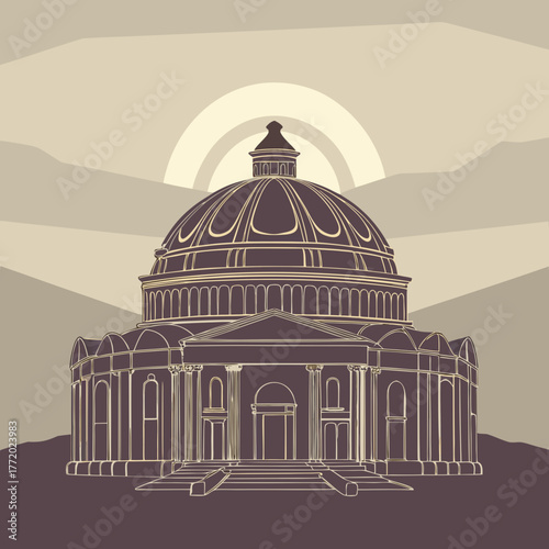 Architectural illustration of a classical dome building with sunset  