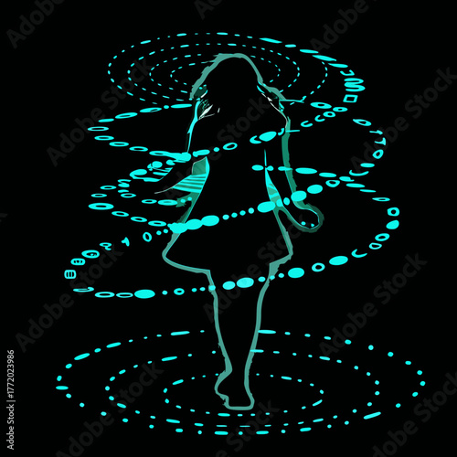 Young girl dancing in swirls of blue light on a black background  