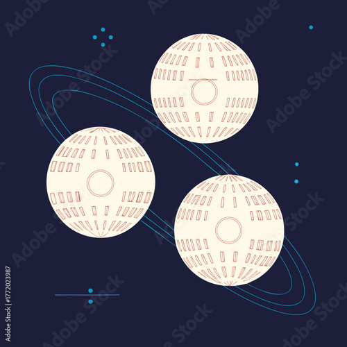 Abstract digital spheres with rings in space on dark background  