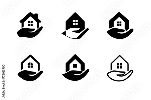 Assisted Living Logos. Assisted living support. Set Logo of Assisted living support: caring hand cradling home. harmonious logo variations of the