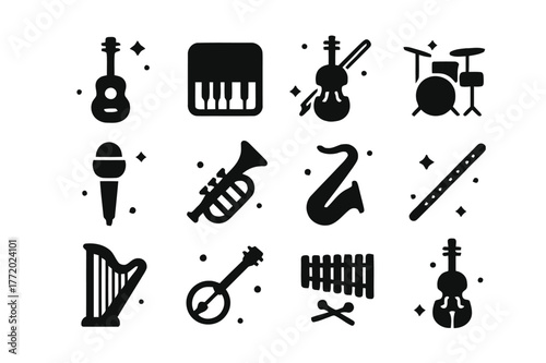 Musical Instruments Icons. Music instruments. Solid icons set of Music instruments: guitar, piano, violin, drums, microphone, trumpet, saxophone, flute, harp,