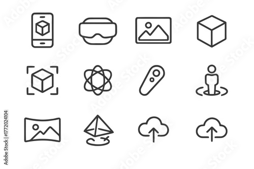 AR VR Icon Set. AR and VR Experiences. Line icon set of ar and vr experiences: ar phone, vr headset, marker image, 3d cube, scan icon, gyroscope, controller,
