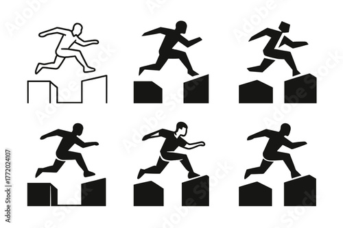 Urban Parkour Logos. Urban parkour. Set Logo of Urban parkour: rooftop leap silhouette. harmonious logo variations of the same emblematic concept, each with