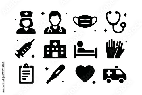Frontline Healthcare Icons. Frontline Healthcare. Solid icons set of Frontline Healthcare: nurse, doctor, medical mask, stethoscope, syringe, hospital,