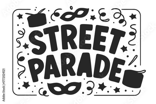 Street Parade Display. Street Parade ? playful decorative display lettering; patterned letters (dots/stripes/stars), gently arched word-shape; framed with mini