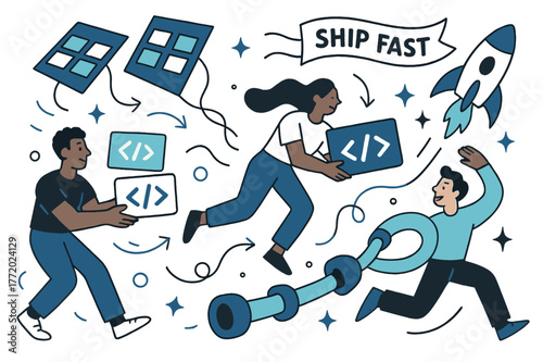 Dynamic DevOps Illustration. Agile & DevOps. Sprint boards fly like kites while characters exchange code bricks; ?Ship fast? banner ripples. Pipelines curve