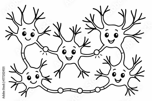 Neurons Coloring Adventure. Brain connections children?s coloring book illustration, outlined drawing, a group of friendly neuron characters linking together