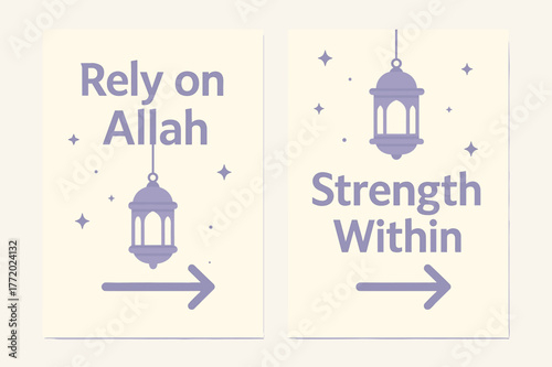 Tawakkul Path Banners. Tawakkul Path. Two vertical A6 banners with safe margins, centered composition, no elements touching edges, modern, lavender and cream,