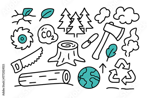 Deforestation Symbolic Doodles. Deforestation and carbon. Hand-drawn doodle illustration deforestation and carbon [tree stump (accented), saw blade (accented),