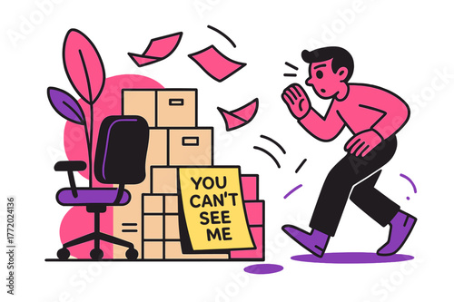 Office Hide and Seek. Office Hide and Peek. Rolling chair, tall plant, and box towers create hiding nooks; a sticky note reads ?You can?t see me.? The seeker