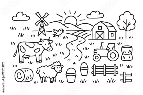 Farm Doodle. Golden pasture. Hand-drawn doodle illustration field, cows, sheep, barn, sunrise, grass, windmill, bird, fence, bucket, hay bale, tractor, cloud,