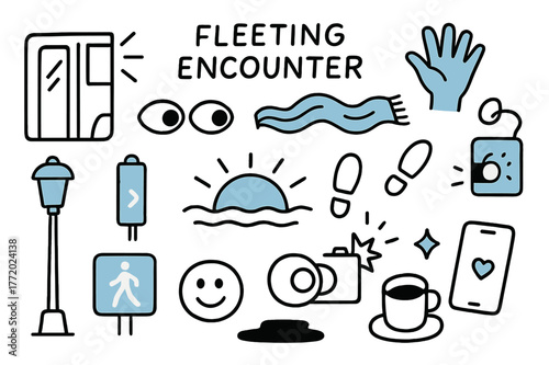Fleeting Encounter Icons. // Fleeting encounter. Hand-drawn doodle illustration fleeting encounter [eyes meeting (accented), bus door closing, scarf in wind